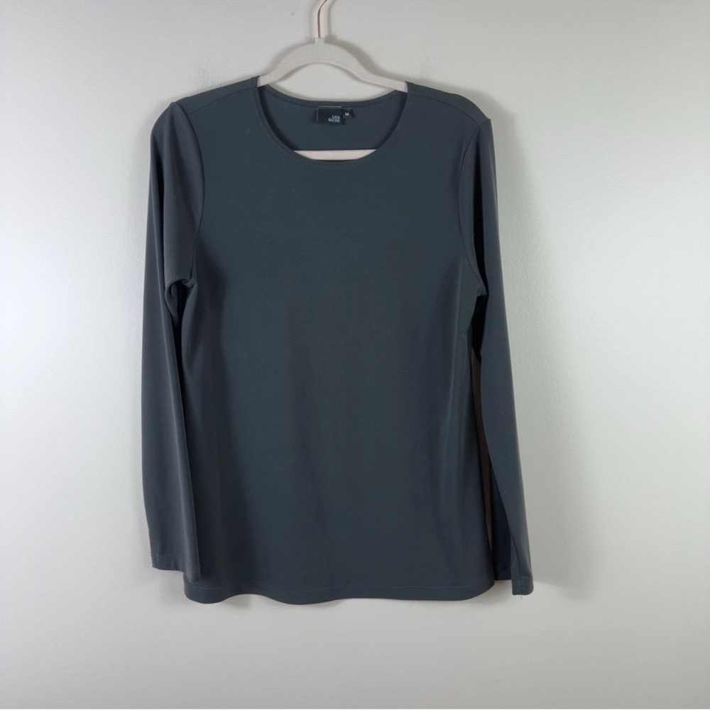 LISA BAYNE womens size M charcoal gray long sleeve stretch scoop neck top